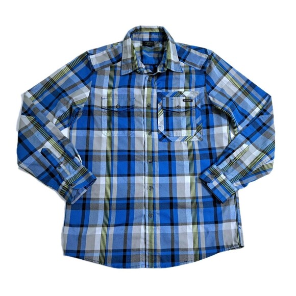 Oakley Men's Small Flannel Shirt Thermogauge Blue Yellow White Check Plaid - Picture 1 of 10